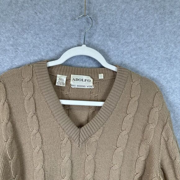 Adolfo V-Neck Sweater Men's 100% Merino Wool Cable Knit Fisherman Long Sleeve XL - Picture 2 of 8